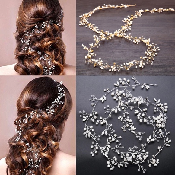 boutique Accessories - Bridal Hairpiece Gold  Vine Rhinestones and Pearls